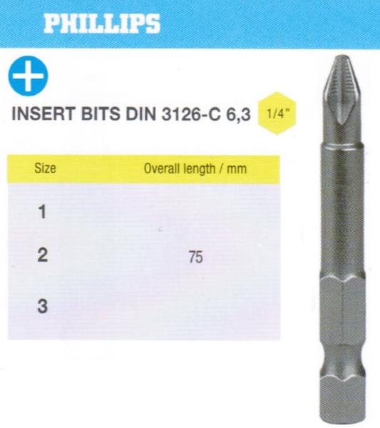 Биты крестовые РН2х 75мм S2 цилиндр. с насечкой DIN3126 хв-к Е1/4 PROFI